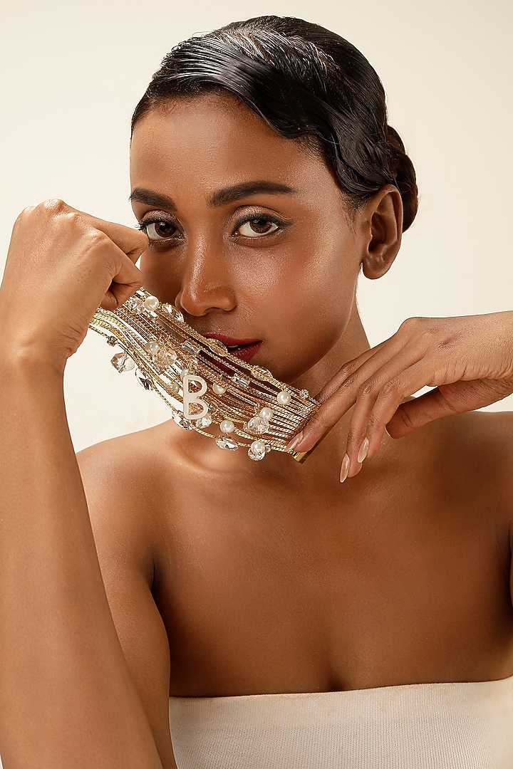 Gold Finish Pearl & Crystal Layered Bracelet by Bijoux By Priya Chandna at Pernia's Pop Up Shop