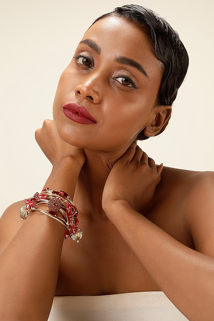 Gold Finish Red Crystal Layered Bracelet by Bijoux By Priya Chandna at Pernia's Pop Up Shop