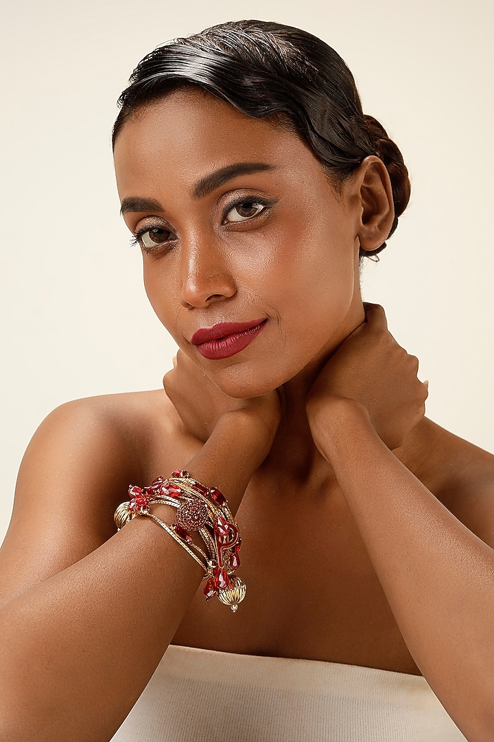 Gold Finish Red Crystal Layered Bracelet by Bijoux By Priya Chandna at Pernia's Pop Up Shop