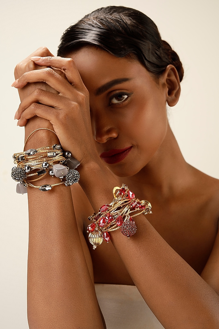 Gold Finish Red Crystal Layered Bracelet by Bijoux By Priya Chandna at Pernia's Pop Up Shop