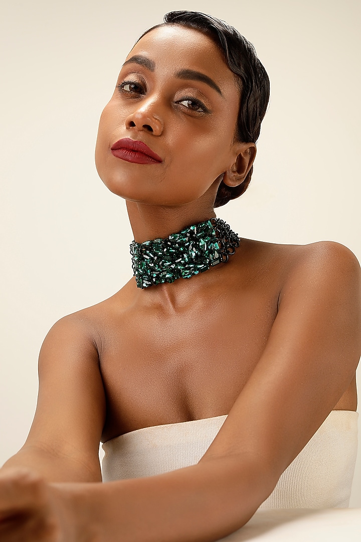Gunmetal Finish Green Crystal Collar Necklace by Bijoux By Priya Chandna at Pernia's Pop Up Shop