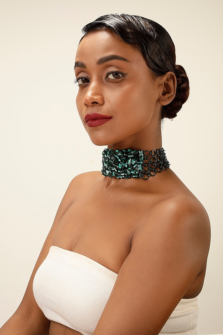 Gunmetal Finish Green Crystal Collar Necklace by Bijoux By Priya Chandna at Pernia's Pop Up Shop