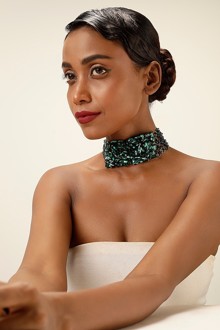 Gunmetal Finish Green Crystal Collar Necklace by Bijoux By Priya Chandna at Pernia's Pop Up Shop