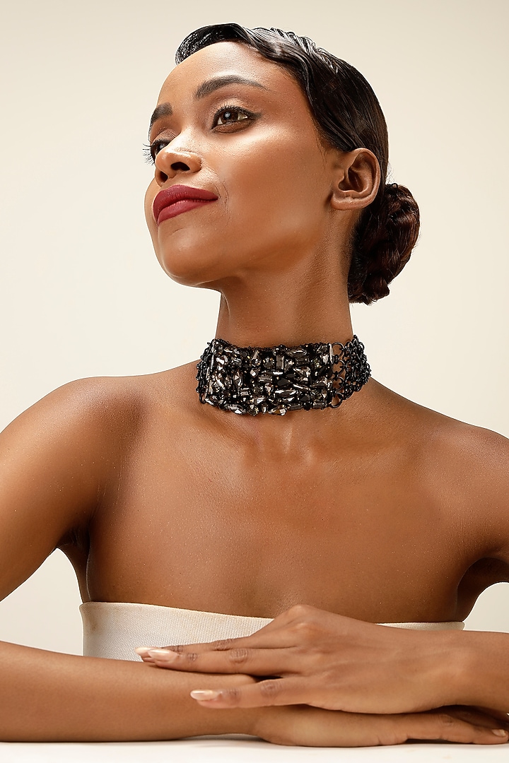 Gunmetal Finish Smoky Crystal Collar Necklace by Bijoux By Priya Chandna at Pernia's Pop Up Shop