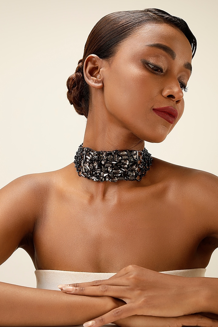Gunmetal Finish Smoky Crystal Collar Necklace by Bijoux By Priya Chandna at Pernia's Pop Up Shop