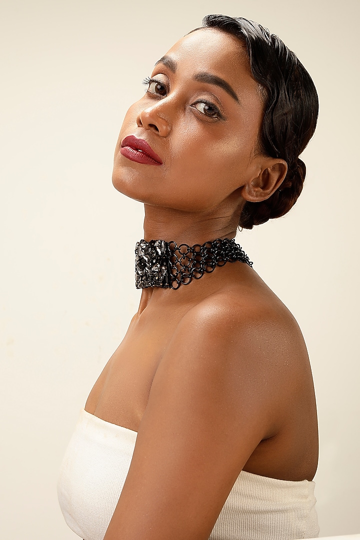 Gunmetal Finish Smoky Crystal Collar Necklace by Bijoux By Priya Chandna at Pernia's Pop Up Shop