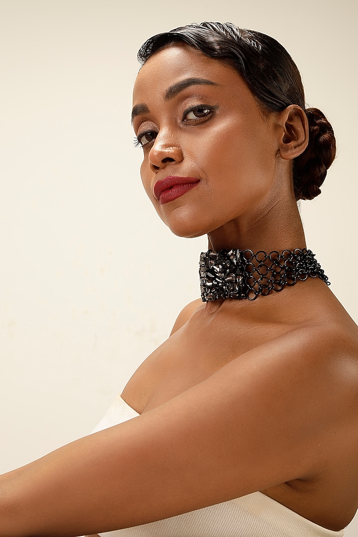 Gunmetal Finish Smoky Crystal Collar Necklace by Bijoux By Priya Chandna at Pernia's Pop Up Shop