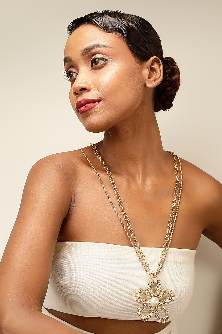 Gold Finish Pearl & Crystal Floral Pendant Necklace by Bijoux By Priya Chandna at Pernia's Pop Up Shop