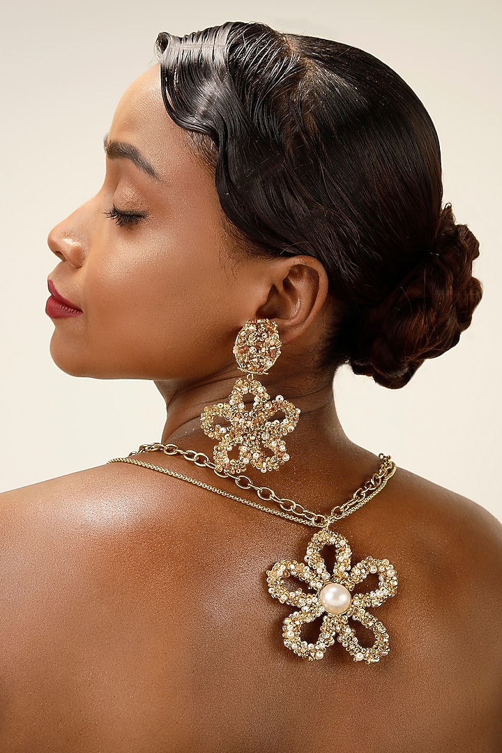 Gold Finish Pearl & Crystal Floral Pendant Necklace by Bijoux By Priya Chandna at Pernia's Pop Up Shop