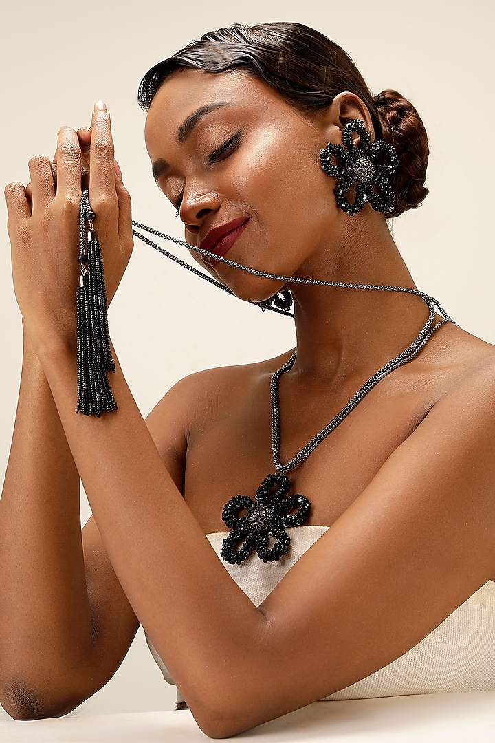 Gunmetal Finish Long Tassel & Beaded Floral Necklace by Bijoux By Priya Chandna at Pernia's Pop Up Shop