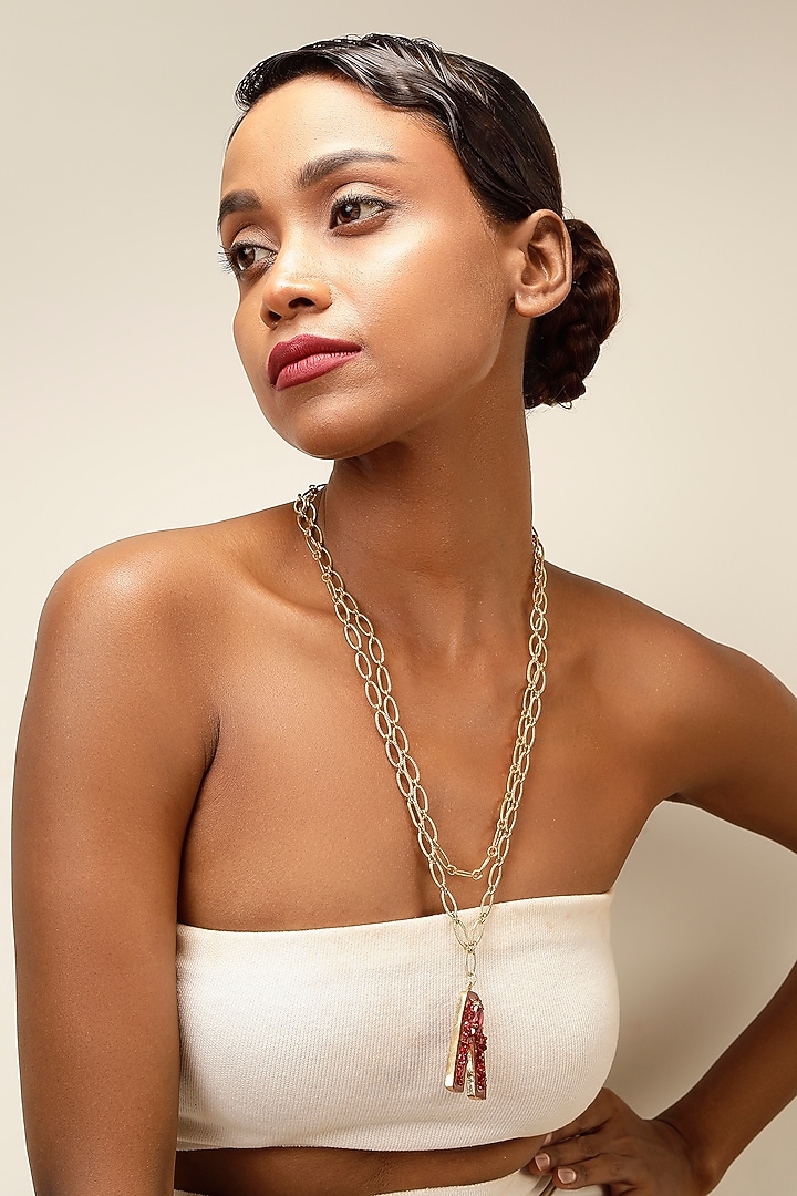 Gold Finish Red Crystal Initial Pendant Necklace by Bijoux By Priya Chandna at Pernia's Pop Up Shop