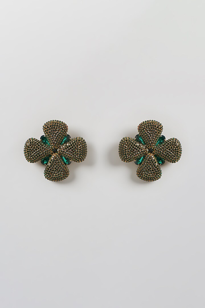 Gold Finish Stud Earrings With Crystals by Bijoux By Priya Chandna at Pernia's Pop Up Shop