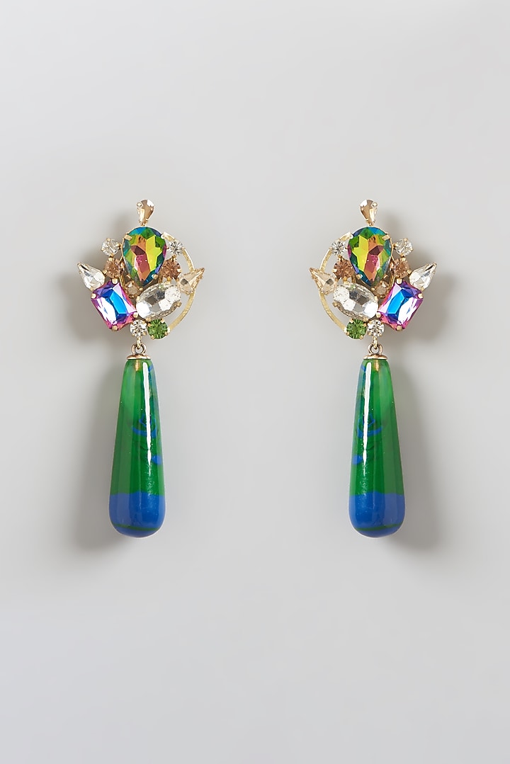 Gold Finish Crystal Dangler Earrings by Bijoux By Priya Chandna at Pernia's Pop Up Shop
