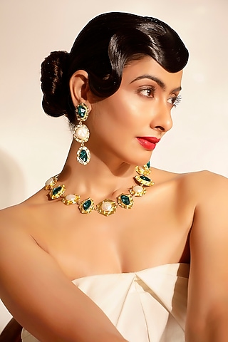 Green Gemstone & Pearl Dangler Earrings by Bijoux By Priya Chandna