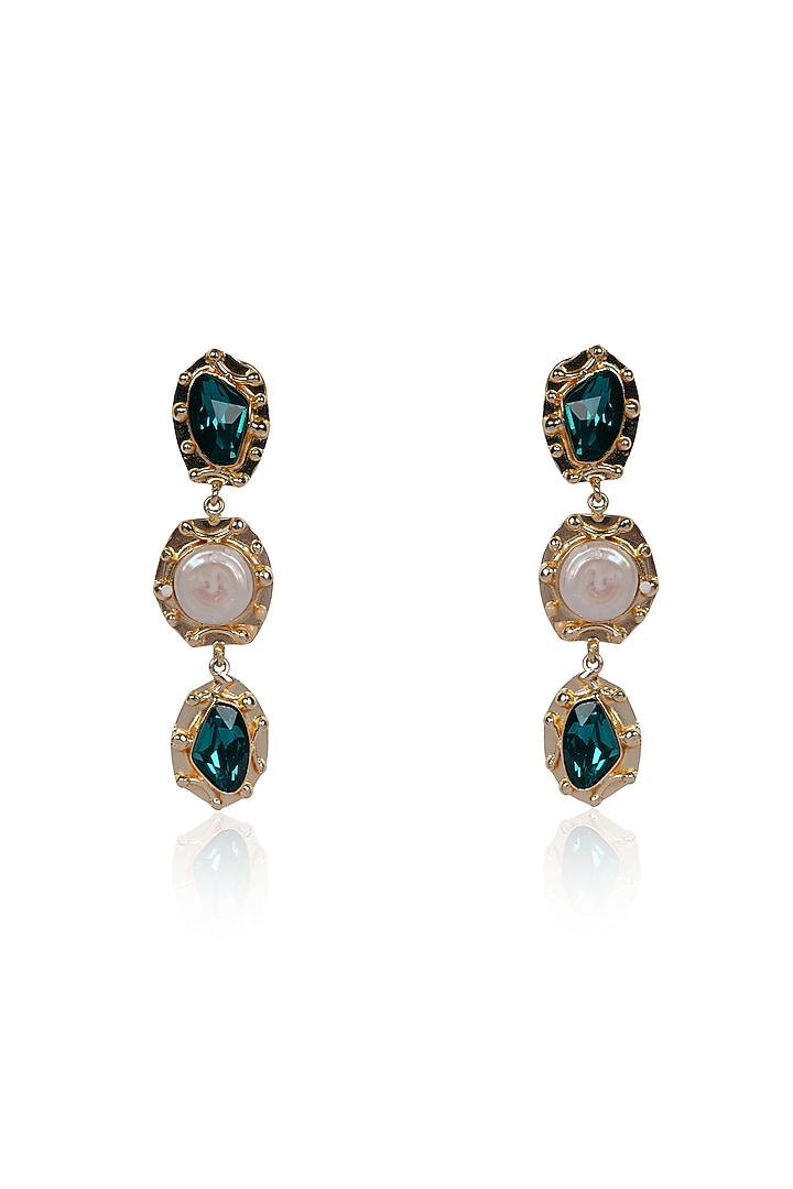 Green Gemstone & Pearl Dangler Earrings by Bijoux By Priya Chandna at Pernia's Pop Up Shop