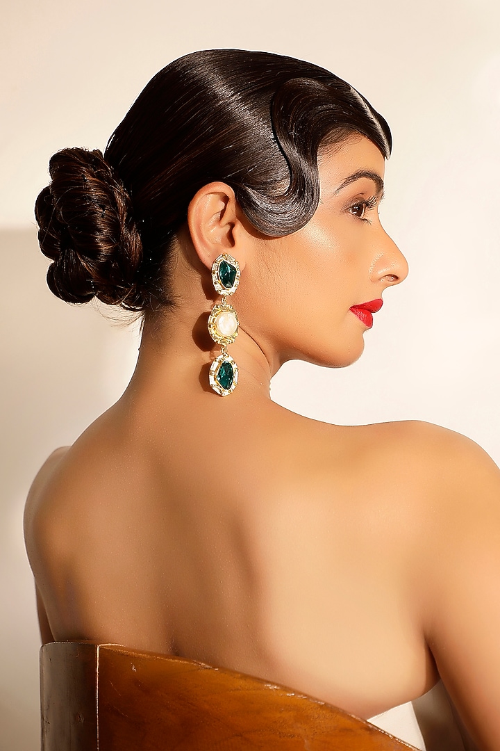 Green Gemstone & Pearl Dangler Earrings by Bijoux By Priya Chandna at Pernia's Pop Up Shop