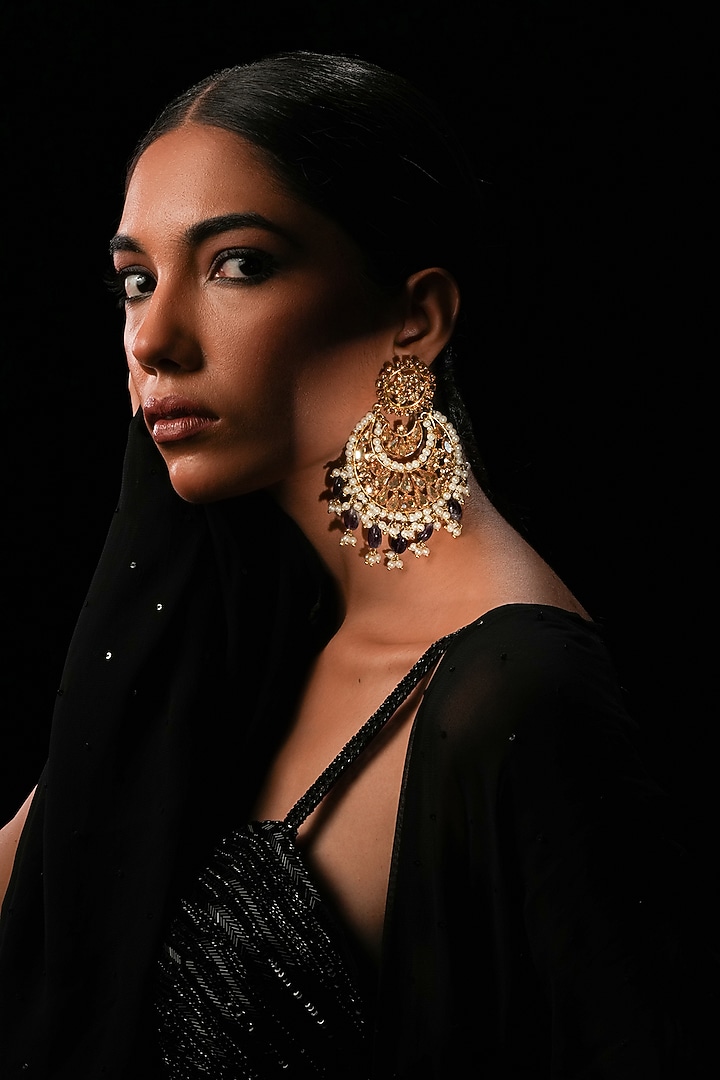 Purple Crystal & Amethyst Stone Chandbali Earrings by Bijoux By Priya Chandna at Pernia's Pop Up Shop