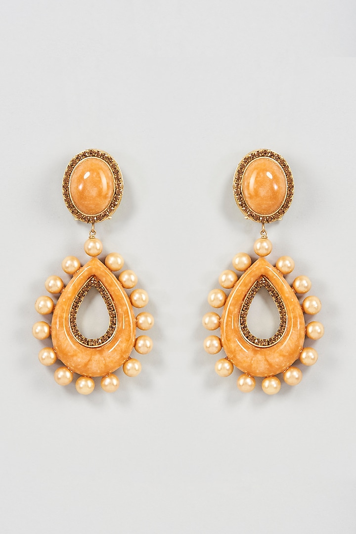 Gold Finish Tan Pearl Dangler Earrings by Bijoux By Priya Chandna at Pernia's Pop Up Shop
