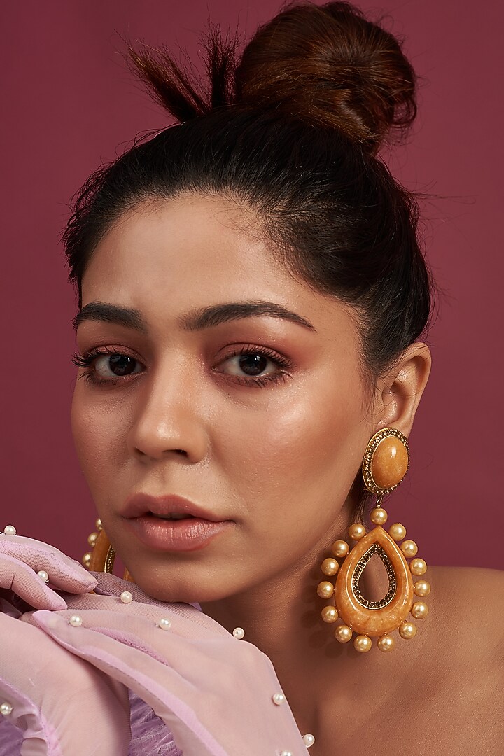 Gold Finish Tan Pearl Dangler Earrings by Bijoux By Priya Chandna at Pernia's Pop Up Shop