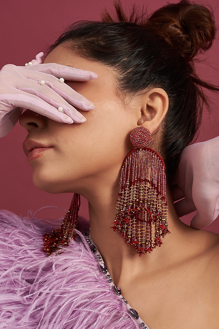 Two Tone Finish Red Beaded Dangler Earrings by Bijoux By Priya Chandna