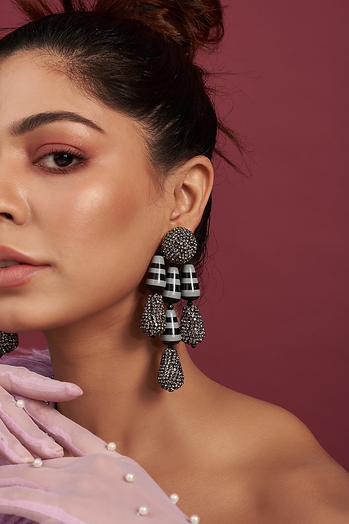 Two Tone Finish Black & Grey Crystal Dangler Earrings by Bijoux By Priya Chandna