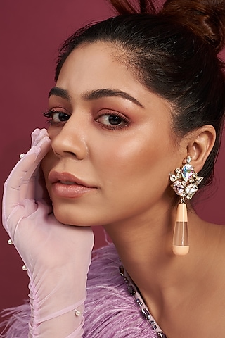 Two Tone Finish Peach & Neutral Crystal Dangler Earrings by Bijoux By Priya Chandna