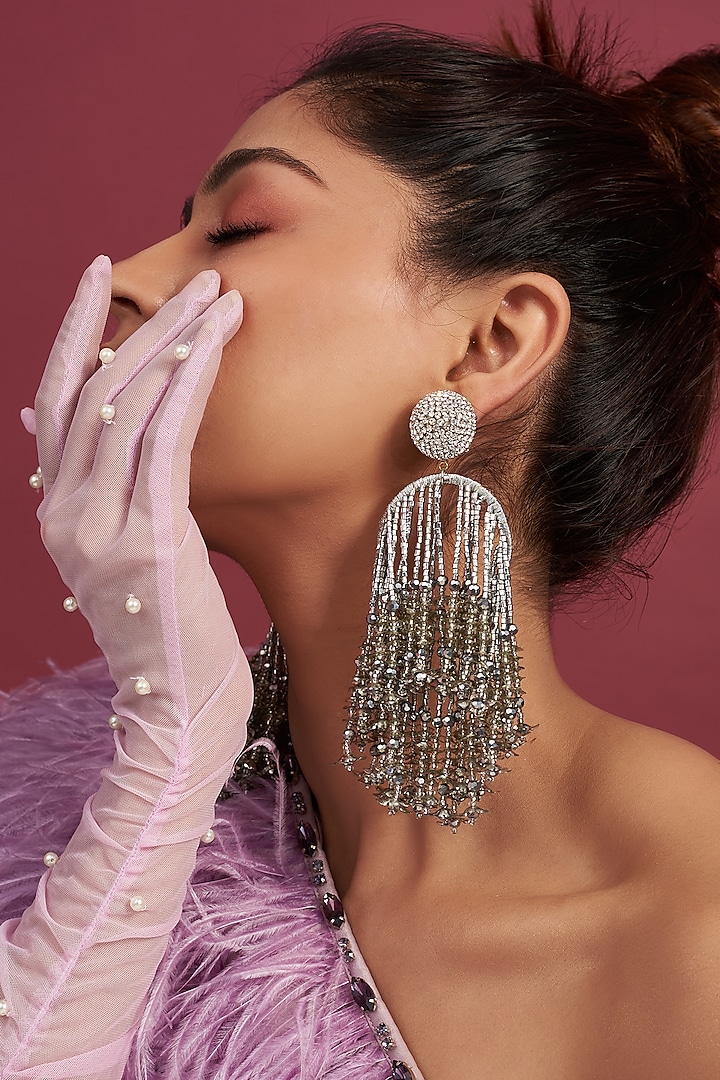 Two Tone Finish Silver Beaded Dangler Earrings by Bijoux By Priya Chandna
