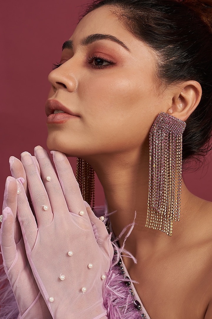 Gold Finish Pink & Gold Tassel Earrings by Bijoux By Priya Chandna