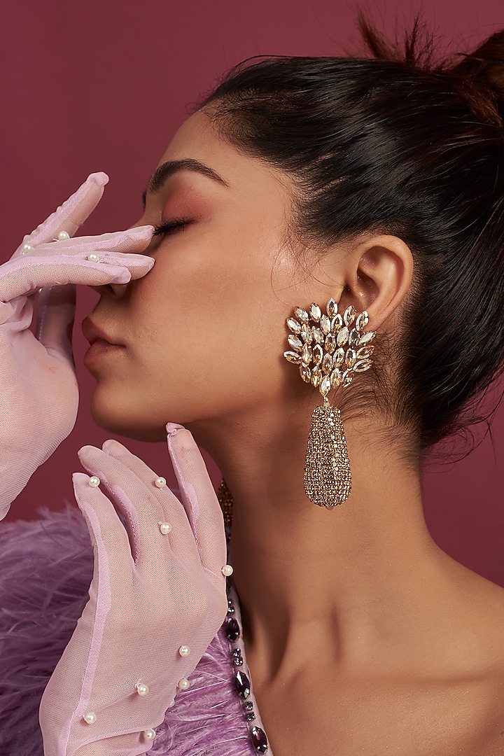 Gold Finish Floral Dangler Earrings by Bijoux By Priya Chandna