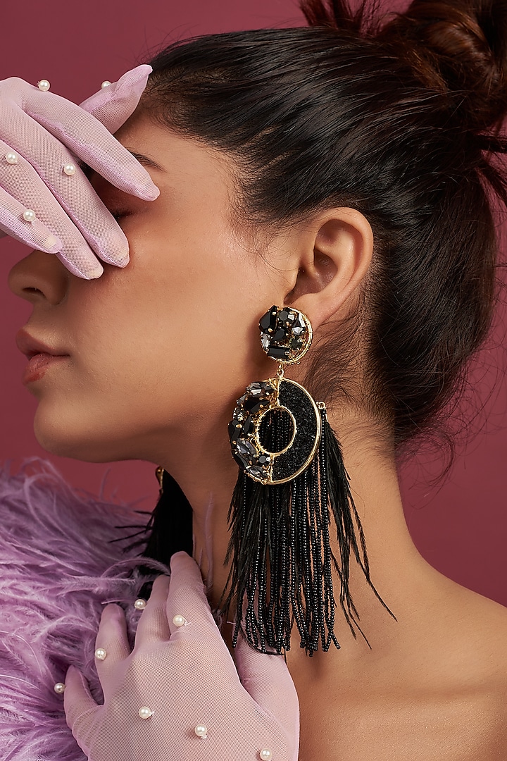 Two Tone Finish Black & Smoke Beaded Dangler Earrings by Bijoux By Priya Chandna