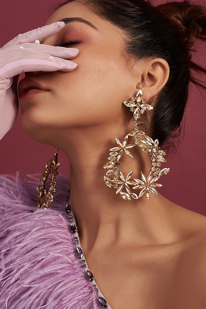 Gold Finish Crystal Dangler Earrings by Bijoux By Priya Chandna