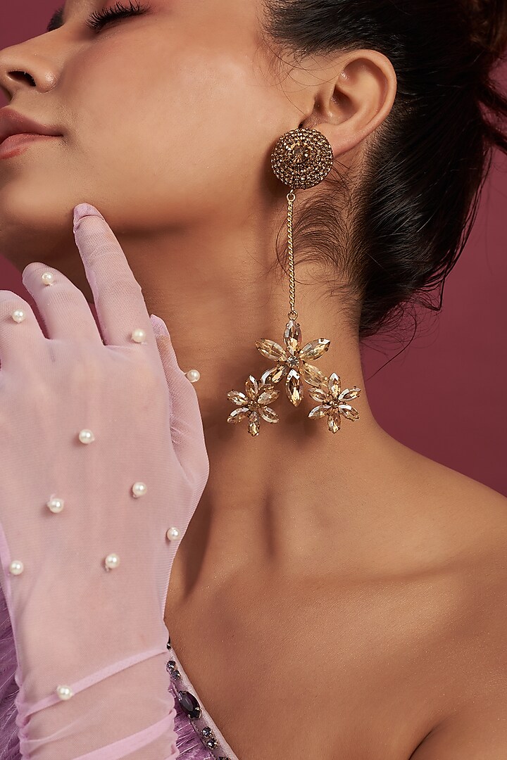 Gold Finish Floral Dangler Earrings by Bijoux By Priya Chandna