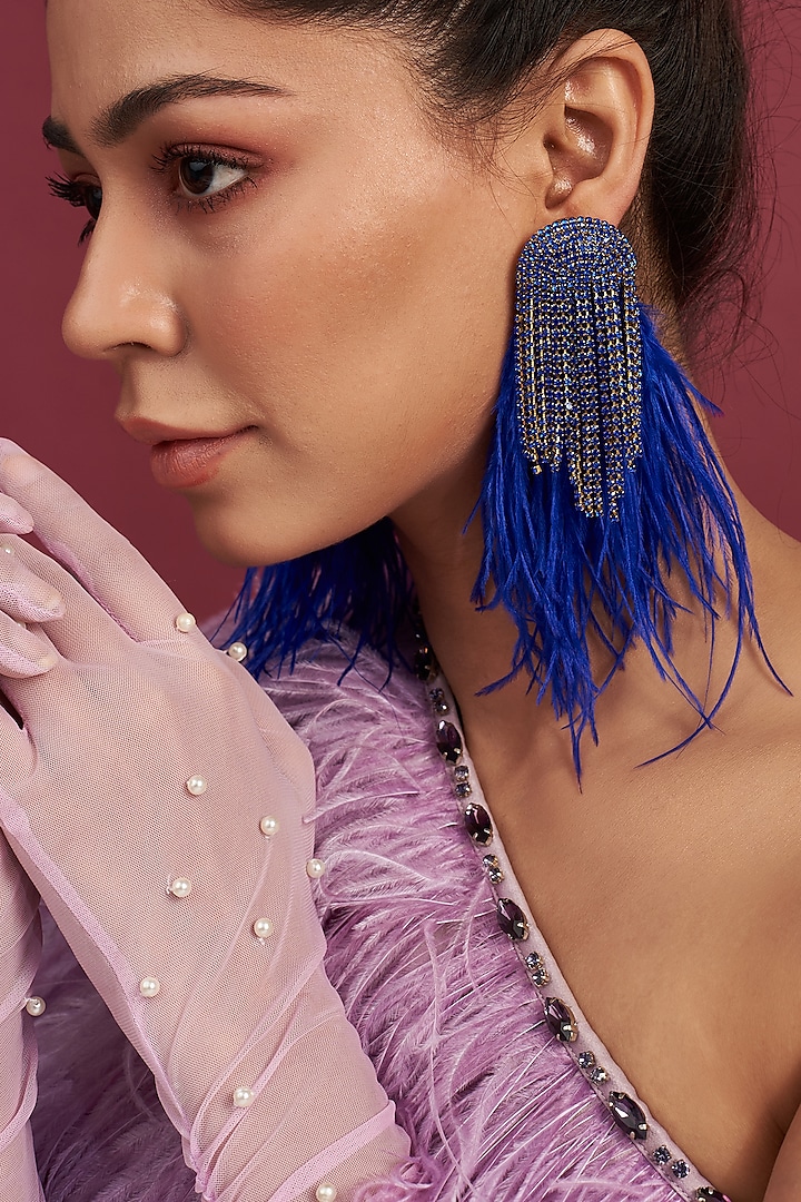 Two Tone Finish Royal Blue Feather Hanging Dangler Earrings by Bijoux By Priya Chandna