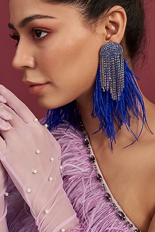 Two Tone Finish Royal Blue Feather Hanging Dangler Earrings by Bijoux By Priya Chandna
