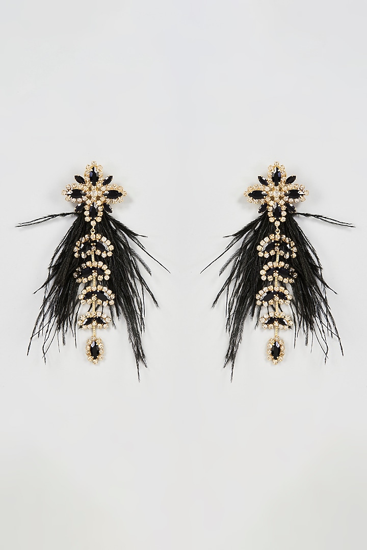 Two Tone Finish Black Feather & Crystal Dangler Earrings by Bijoux By Priya Chandna at Pernia's Pop Up Shop