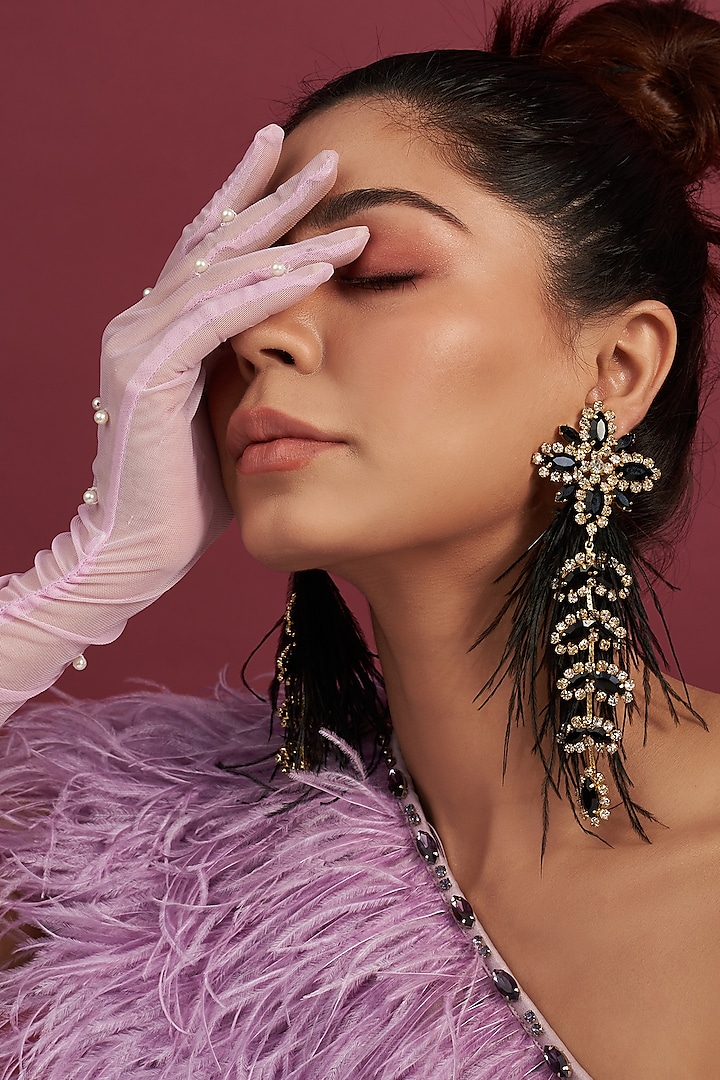 Two Tone Finish Black Feather & Crystal Dangler Earrings by Bijoux By Priya Chandna