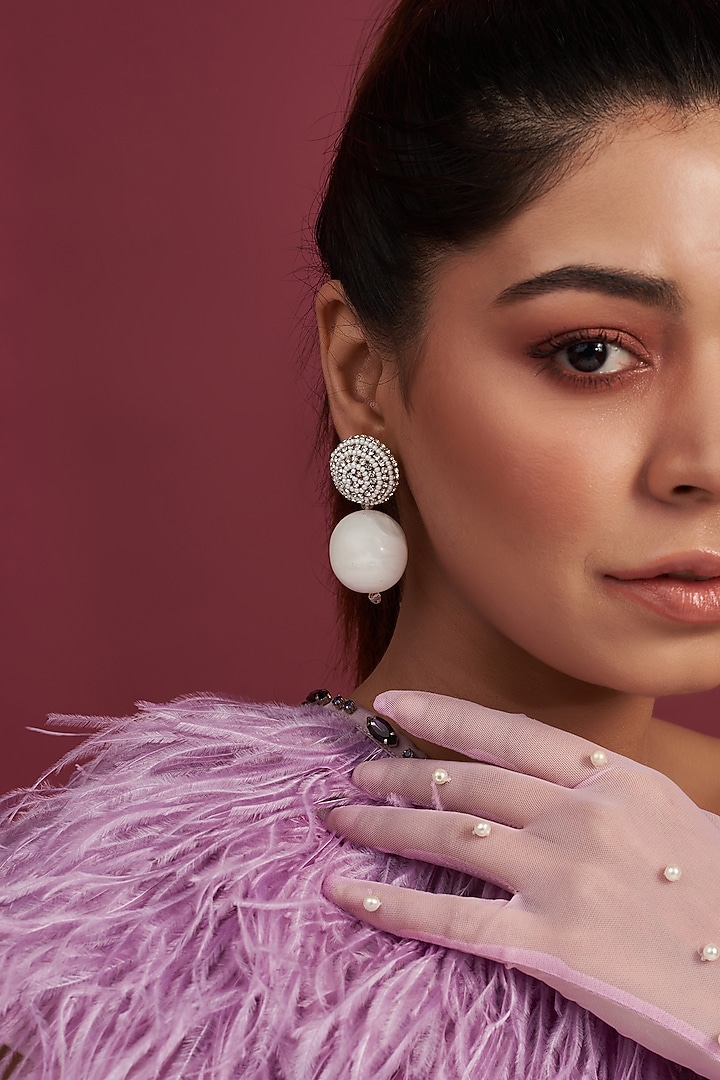 Two Tone Finish Crystal & Bead Drop Earrings by Bijoux By Priya Chandna at Pernia's Pop Up Shop
