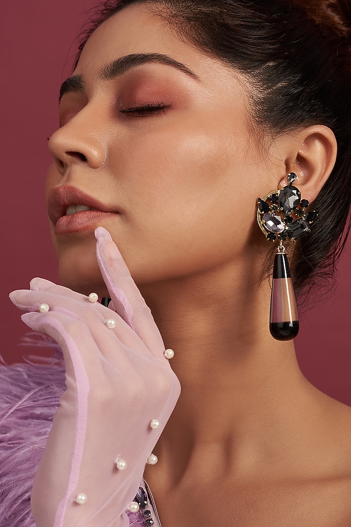 Two Tone Finish Black Crystal Dangler Earrings by Bijoux By Priya Chandna at Pernia's Pop Up Shop