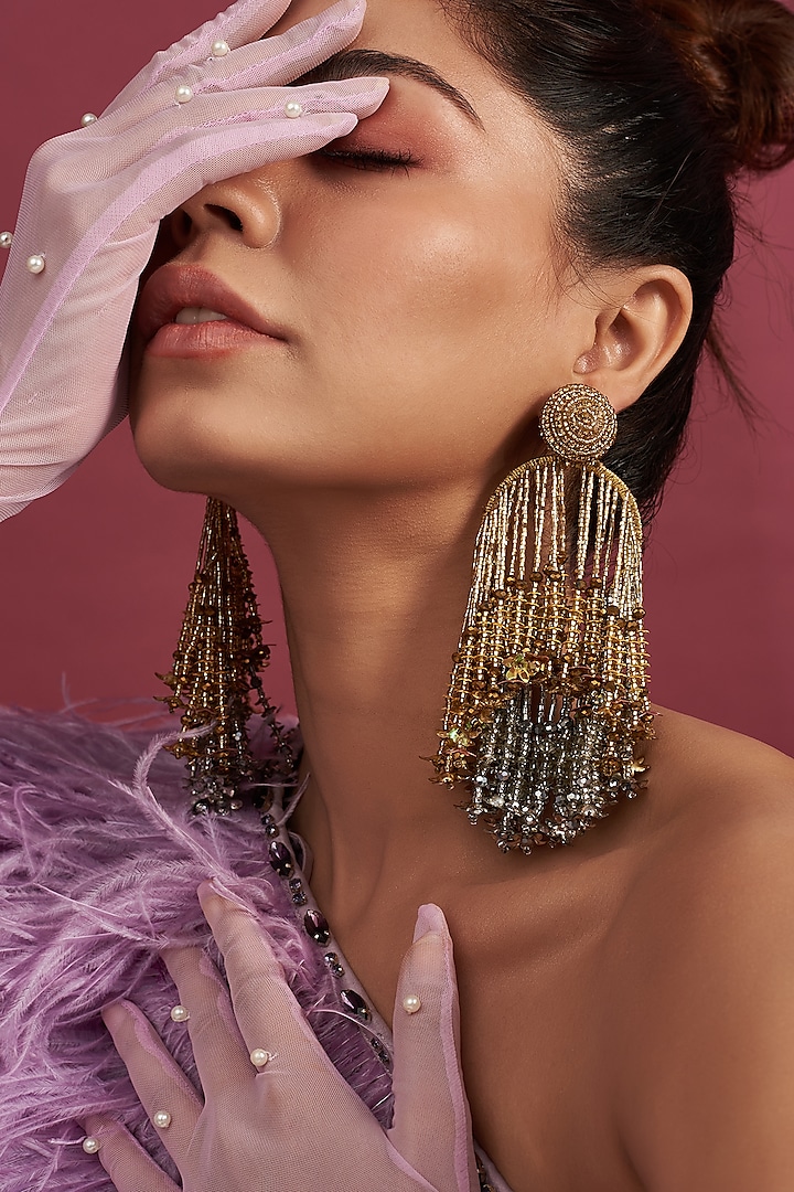 Gold Finish Sequins & Beaded Tassel Waterfall Dangler Earrings by Bijoux By Priya Chandna