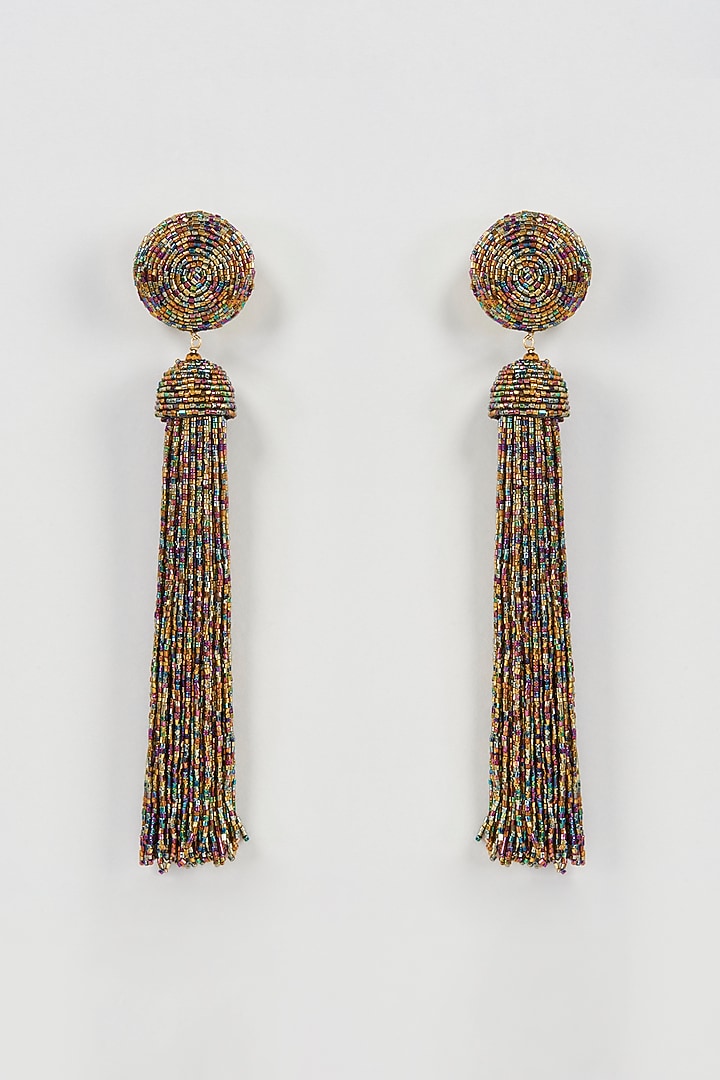 Gold Finish Crystal & Beaded Tassel Waterfall Dangler Earrings by Bijoux By Priya Chandna at Pernia's Pop Up Shop