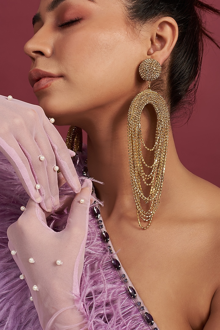 Gold Finish Crystal Waterfall Dangler Earrings by Bijoux By Priya Chandna at Pernia's Pop Up Shop
