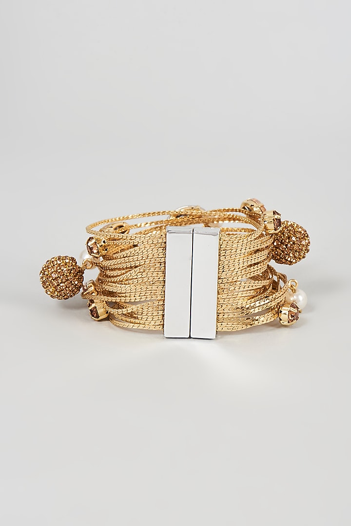 Gold Finish Crystal & Pearl Magnetic Bracelet by Bijoux By Priya Chandna at Pernia's Pop Up Shop