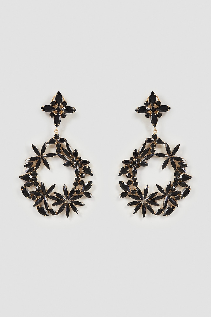 Gold Finish Black Crystal Dangler Earrings by Bijoux By Priya Chandna