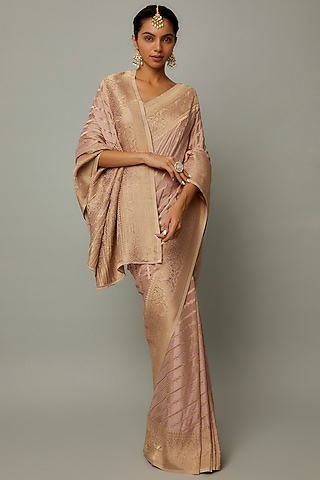 Peach Viscose Georgette Brocade Saree by Binal Patel