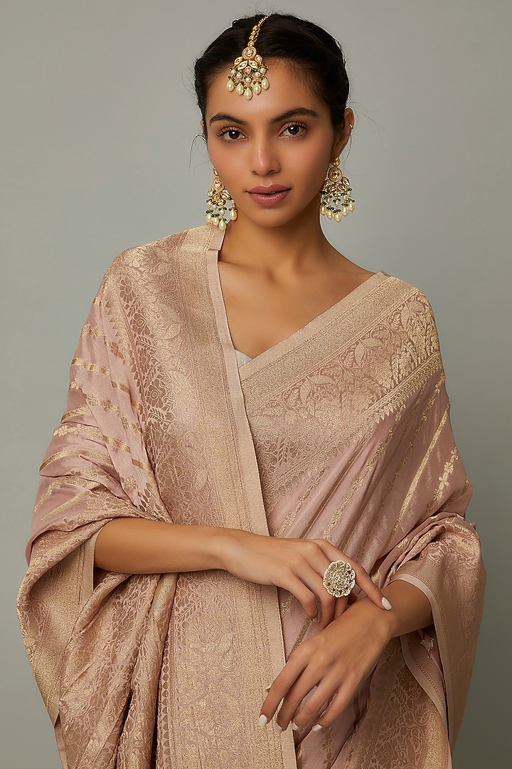 Peach Viscose Georgette Brocade Party Wear Saree by Binal Patel at Pernia's Pop Up Shop