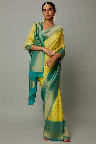 Dark Green & Yellow Viscose Georgette Brocade Zari Saree by Binal Patel