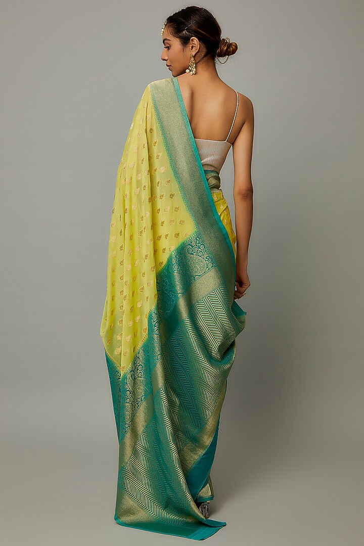 Dark Green & Yellow Viscose Georgette Brocade Zari Party Wear Saree by Binal Patel at Pernia's Pop Up Shop