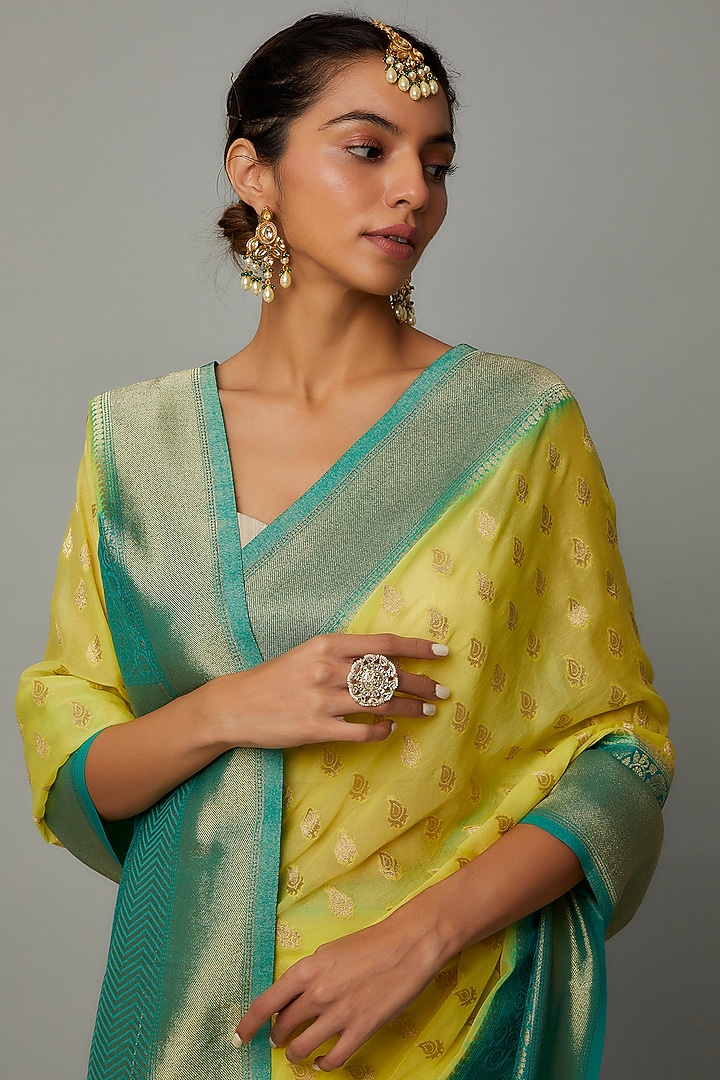 Dark Green & Yellow Viscose Georgette Brocade Zari Party Wear Saree by Binal Patel at Pernia's Pop Up Shop