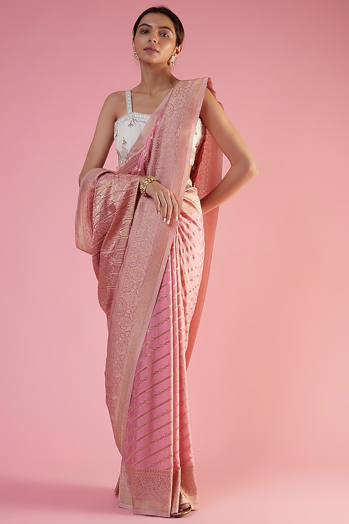 Pink Viscose Georgette Brocade Embroidered Saree  by Binal Patel