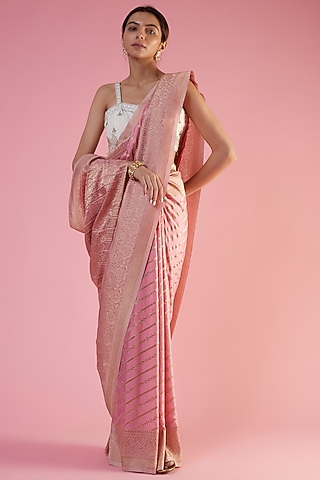 Pink Viscose Georgette Brocade Embroidered Saree  by Binal Patel